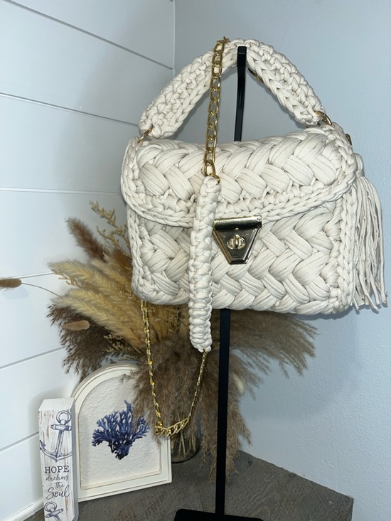 Hand Crafted Handbags - Handmade Luxury Artisan Crochet Flap Bag - Cream/Gold Crossbody Bag